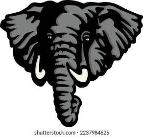 Illustrated black, gray and white color drawing of an elephant head with ivory tusks and long trunk. Vector graphic design.