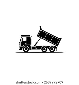 Illustrated black silhouette shows a dump truck with a raised, rectangular bed divided into three sections. The truck has multiple wheels and shadow underneath.