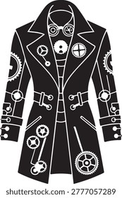 Illustrated black steampunk coat featuring intricate gears, goggles, and mechanical embellishments for a vintage-inspired design.