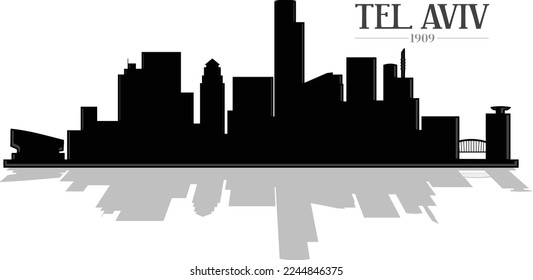 Illustrated black and white buildings skyline silhouette of the city Tel Aviv Israel. Vector eps graphic design.