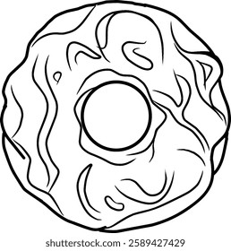 Illustrated black and white donut with artistic frosting lines creating a charming simplicity. Perfect for coloring books, digital designs, and culinary-themed projects.