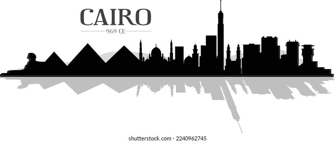 Ilustración en blanco y negro del perfil de Egipto en El Cairo con edificios, pirámides y esfinge. Diseño de vectores.