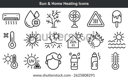 Illustrated black and white icon set representing sun related topics and home heating concepts