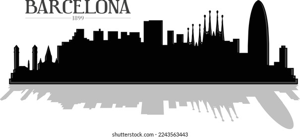 Illustrated black and white skyline buildings silhouette of the city Barcelona Spain. Vector eps graphic design.