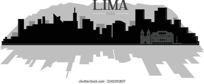 Illustrated black and white skyline silhouette of the city Lima Peru in South America. Downtown buildings vector eps graphic design.