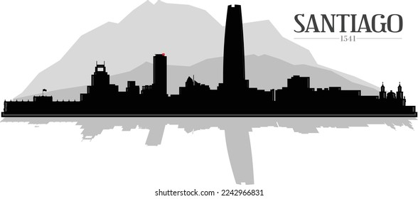 Silueta de perfil en blanco y negro de la ciudad de Santiago, Chile Sudamérica. Diseño gráfico de vectores.