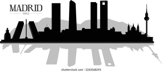 Illustrated black and white skyline silhouette of the city Madrid Spain. Vector eps graphic design. 