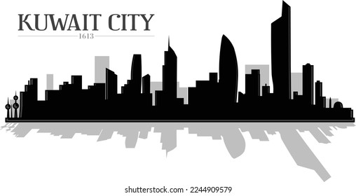 Silhouette de perfil en blanco y negro ilustrada de la ciudad de Kuwait. Vector presenta el diseño gráfico del paisaje urbano panorámico.