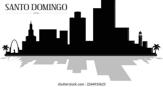 Illustrated black and white skyline silhouette of the city Santo Domingo, Dominican Republic panorama style. Illustrator eps vector graphic design.