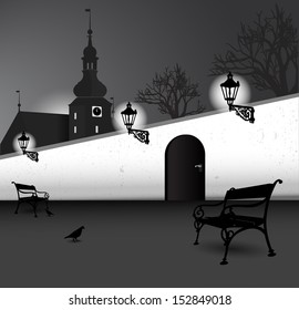 Illustrated black and white vector abstract silhouette of old street with a church, benches, trees, walls and birds