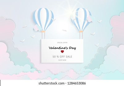 illustrated blue balloons there is a frame Valentines day sale pastel background and Cloud. Vector illustration.Wallpaper. flyers, invitation, posters,paper art 3d from digital craft style