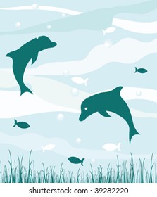 Illustrated blue  border with waves and dolphin