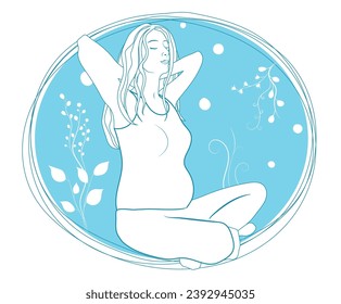 Illustrated blue colored pregnant woman in sitting pose on a white background with circles and ornament shapes
