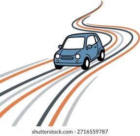 An illustrated blue compact car navigates a curving road with various colored stripes, creating a dynamic sense of journey and movement.