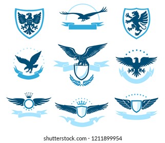 An Illustrated Blue Eagle Medieval  Emblems Set on a White Background