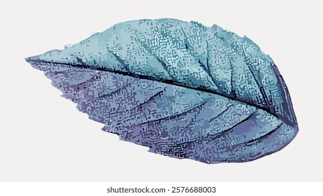 Illustrated blue leaf with textured patterns. The leaf has a digital, artistic style. Blue leaf design with intricate details and textured look. Vintage art drawing, isolated vector element.