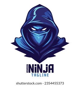 Illustrated Blue Ninja Killer: Logo, Mascot Design, Artwork, Vector Graphic for Competitive Sports and E-Gaming Squads, Lethal Ninja Mascot Head
