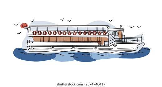 Illustrated Bosphorus ferry cruising the sea, representing Istanbul’s scenic views and cultural charm. Great for nautical, travel, or urban exploration designs.