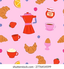Illustrated breakfast pattern featuring coffee makers, croissants, strawberries, and berry jam set against a pastel pink backdrop. Perfect for kitchen decor and textiles.