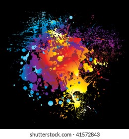 illustrated Brightly colored rainbow ink splat black background