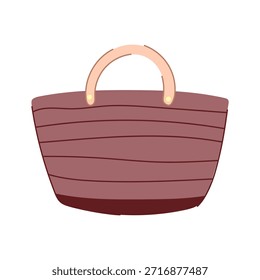Illustrated brown colored straw beach bag or tote bag, featuring a striped texture and light wooden handles, representing summer holidays, shopping, and leisurely travel