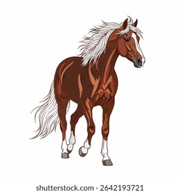 Illustrated Brown Horse with White Mane and Tail, Vector Horse