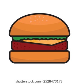 Icono ilustrado de la hamburguesa. Esquema de Vector. Diseño plano. Concepto de logotipo. Ilustración de la etiqueta engomada. Menú. Comida rápida. Cocina americana. Delicioso. Sabroso.