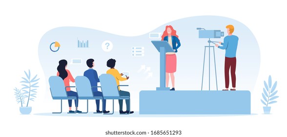 Illustrated business conference with woman giving presentation in front of camera and audience. Vector illustration