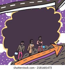 Illustrated Business Team Climbing With Arrows Around And Important Message Above. Illustration Of Group Of People Walking Up And Presenting Crutial Informations.