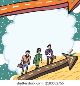 Illustrated Business Team Climbing With Arrows Around And Important Message Above. Illustration Of Group Of People Walking Up And Presenting Crutial Informations.
