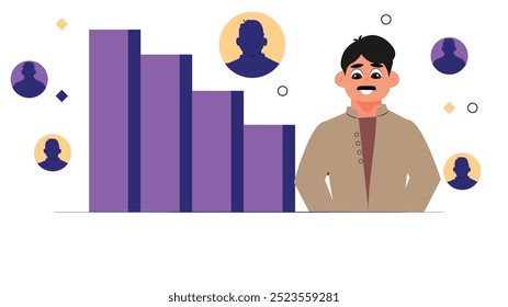 An illustrated businessman stands in front of a purple bar chart, representing growth, surrounded by silhouettes of colleagues to signify teamwork and collaboration.