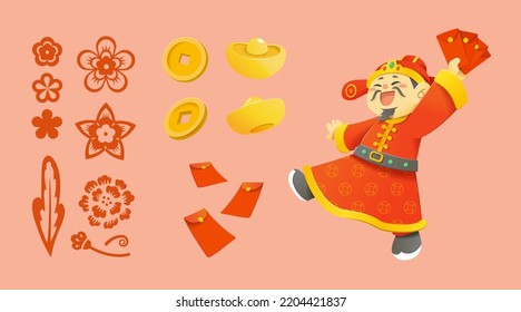 Illustrated Caishen chinese new year set. Joyful God of the wealth waving red envelopes, red envelopes, coins, gold ingot, and red print flowers isolated on pink background.