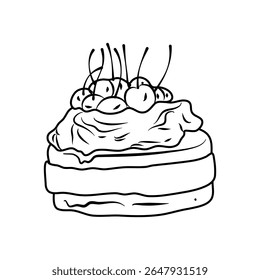 Illustrated cake featuring layers, chocolate drizzle, and fresh cherries, perfect for illustrating a delicious sweet treat or celebration theme.