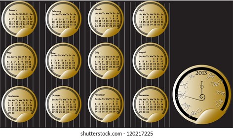 illustrated calendar for 2013 with sticker shaped clocks - vector illustration