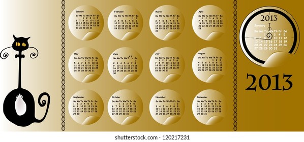 illustrated calendar for 2013 with sticker shaped clocks - vector illustration