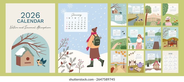 Calendário Ilustrado 2026 com cenas desenhadas à mão inspiradas na natureza. A semana começa ь domingo. Conjunto de 12 meses, capa e uma folha do 2026