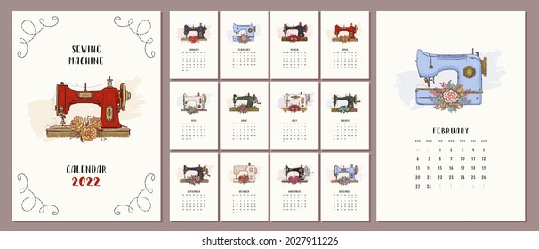 Illustrated calendar template for 2022 year with hand drawn sewing machine. Vector illustration