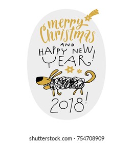 Illustrated calligraphic Christmas emblem with cute dog illustration. Great for festive banners or printed greeting cards.