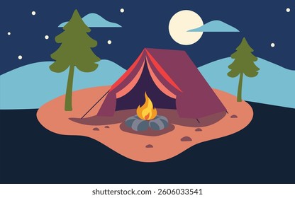 Illustrated camping scene featuring a cozy tent with a campfire under a starry night sky. Surrounded by trees and hills, this depiction evokes feelings of outdoor adventures and peaceful nights in nat