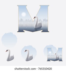 Illustrated capital letter M in winter theme with white swan floating on a misty lake