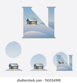 Illustrated capital letter N in winter theme with wooden cabin covered in snow