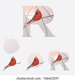 Illustrated capital letter R in winter theme with red cardinal bird standing on a branch