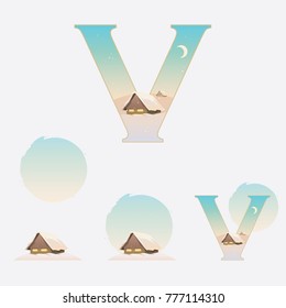 Illustrated capital letter V in winter theme with snowy wooden cabin on a clear skies day