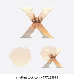 Illustrated capital letter X in winter theme with pine trees forest on golden sunset