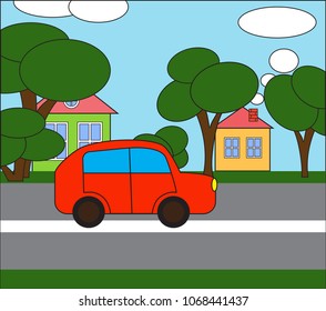 Illustrated. The car is going down the street.