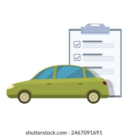 Illustrated car inspection checklist with quality control, scheduled maintenance, and safety checks, in flat design vector illustration, isolated on transparent background