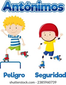 An illustrated card depicting the antonyms 'Peligro' (Danger) and 'Seguridad' (Safety) in Spanish