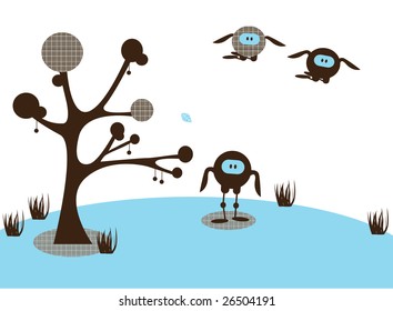 An illustrated card design of an abstract funny landscape, with monster birds
