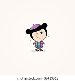 Illustrated card design with cartoon girl charachter winking her eyes