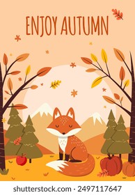 Illustrated card enjoy autumn with a fox against the backdrop autumn landscape